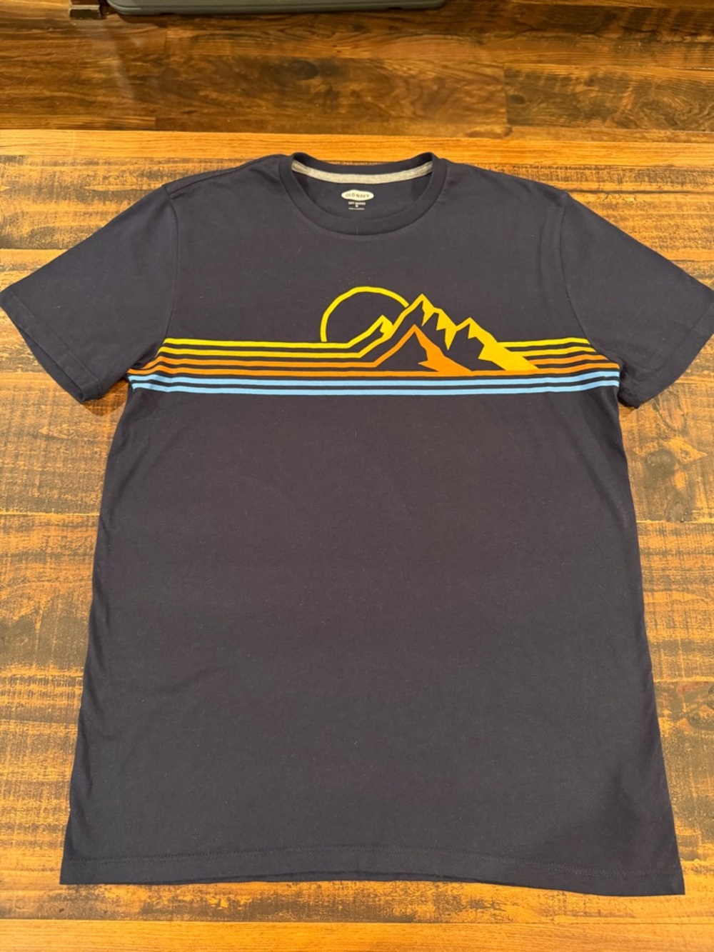 Old Navy Navy Short-Sleeve Tee with Yellow and Orange Mountain Stripe